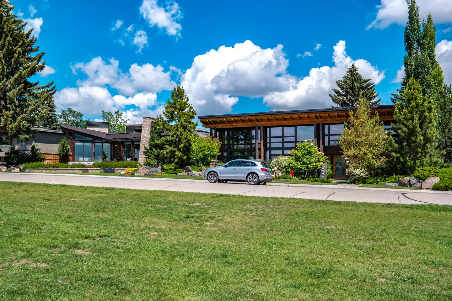 Contemporary detached homes with broad windows and mature planting in Britannia